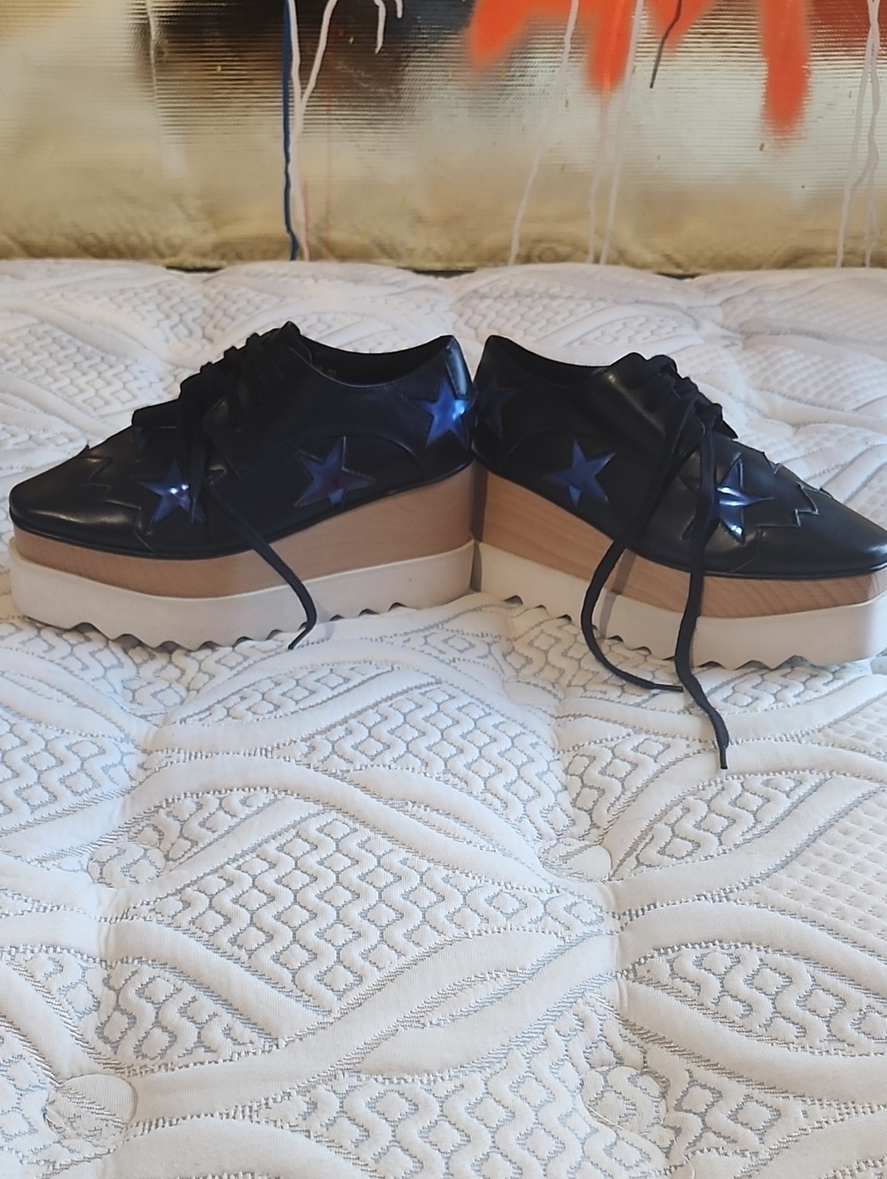 Stella McCartney Black Platform Lace-Up Wedges with Blue Star Accents